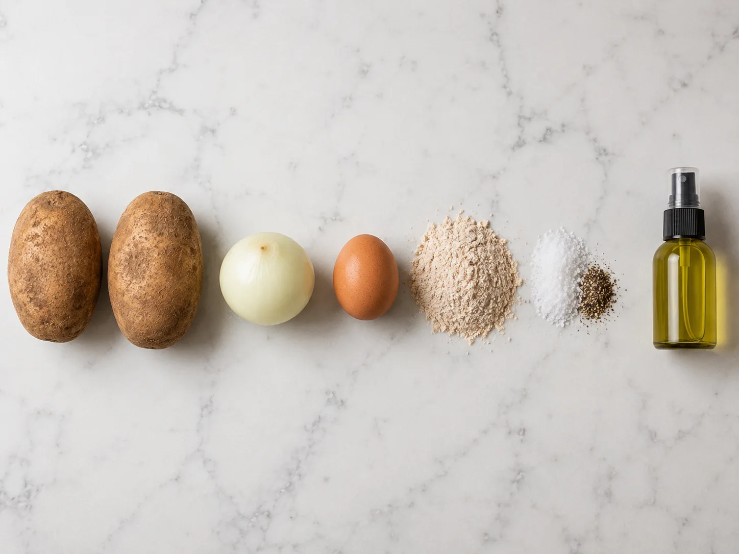 A single overhead editorial row of ingredients in the exact order they are used in the recipe: two large russet potatoes with rough skin, a medium whole peeled onion, one large raw egg, a small mound of coarse whole wheat flour, a small pile of fine salt beside a pinch of black pepper, and a compact olive oil spray bottle at the end, all arranged in a clean left-to-right line on a flat surface with even spacing and no props, shot from directly above.