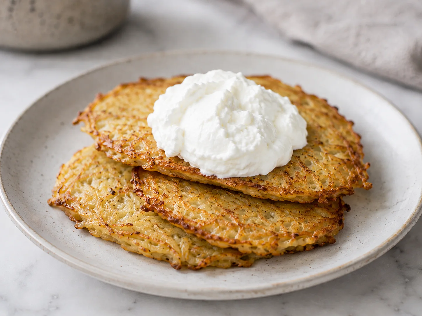 A single portion of three golden air-fried bulviniai blynai — flat, oval, lightly crisped potato pancakes made with whole wheat flour — plated with a generous dollop of thick plain Greek yogurt resting on top of the stack, shot at eye level with a shallow depth of field so the near pancake's crisp edge and the creamy yogurt are sharp while the background softens, the pancakes showing the slightly less deeply bronzed surface characteristic of air-frying rather than oil pan-frying.