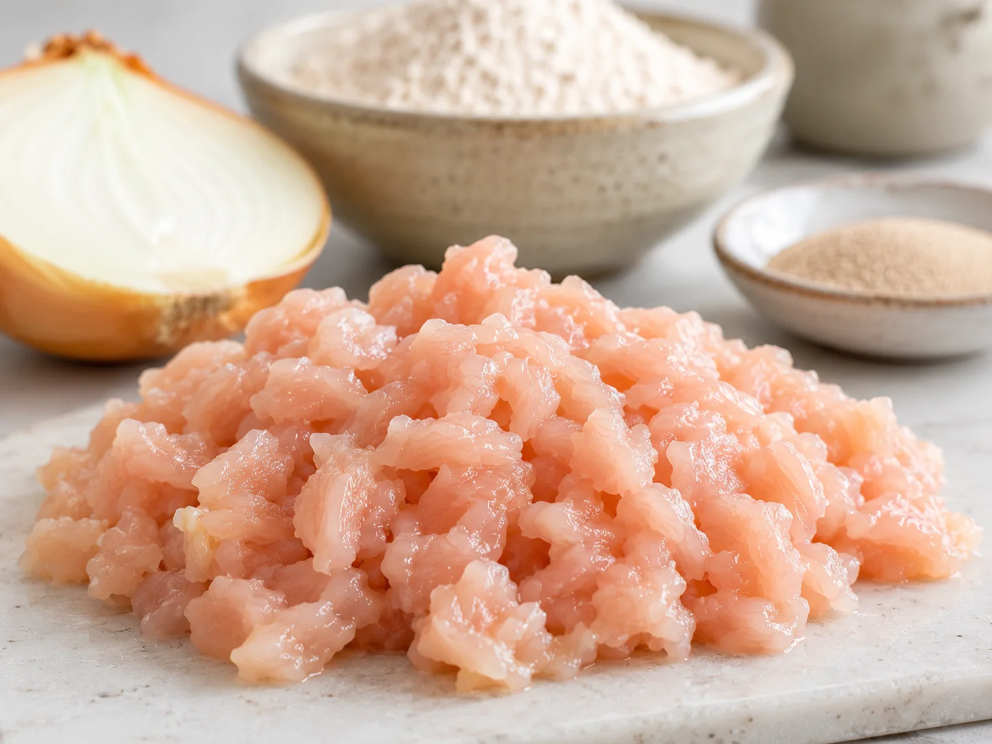 A macro close-up centers on a small mound of finely chopped raw chicken breast, its pale pink fibrous texture sharp and detailed, while behind it the softly blurred shapes of a halved onion, a bowl of whole wheat flour, and a small dish of instant yeast recede gently out of focus.