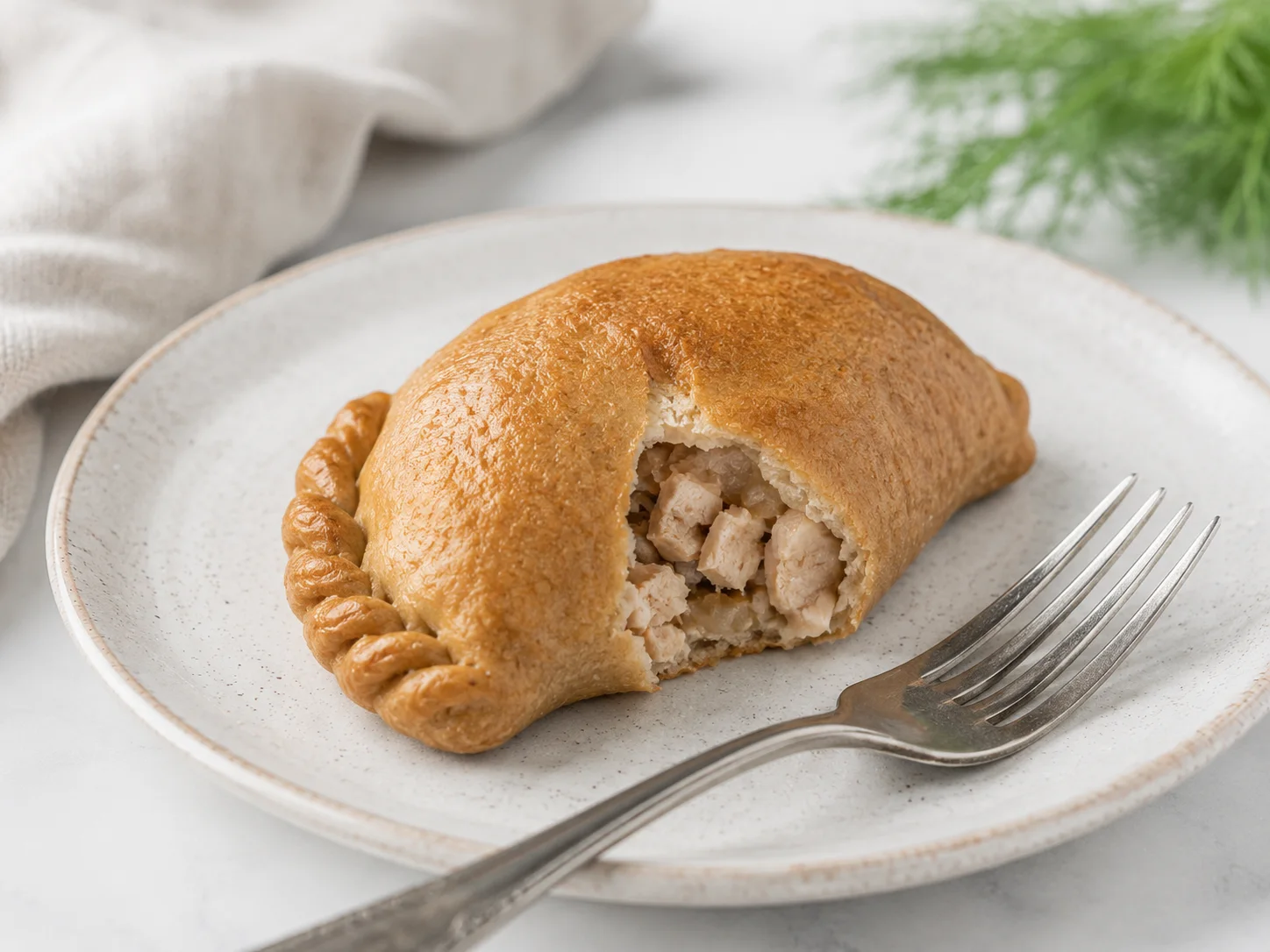 A single baked whole-grain kibinai — a half-moon leavened pastry with a tight rope-crimped edge and a matte golden egg-washed crust — sits on a small plate in close-up, its curved side split slightly to reveal the lean chicken filling inside, with a fork resting alongside it.