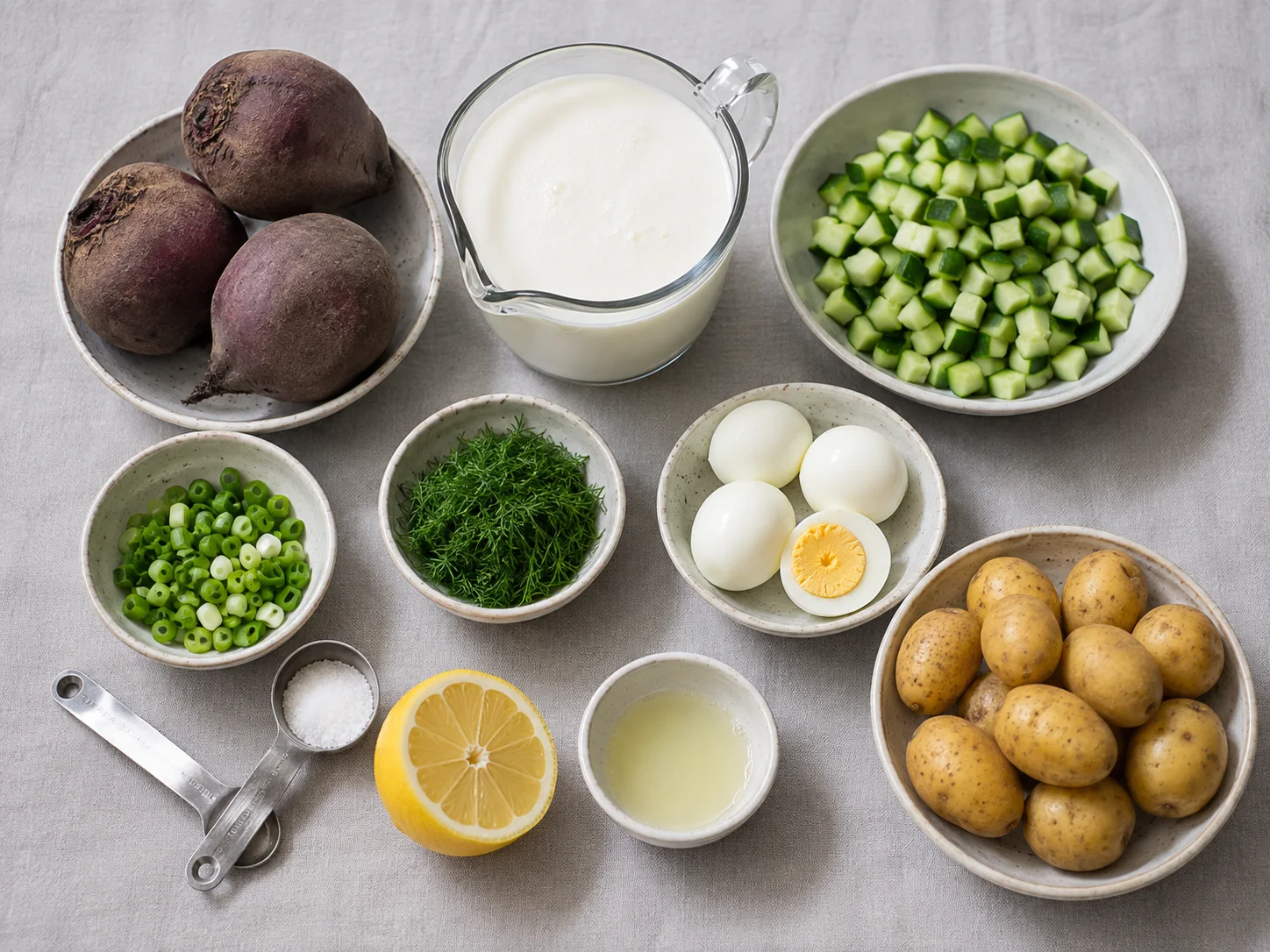 An overhead flat-lay of all the healthy šaltibarščiai ingredients grouped by type in small prep dishes and measuring spoons: three medium unpeeled raw beets with their deep burgundy skin, a measuring cup of well-chilled low-fat plain kefir looking thin and bright white, two large cucumbers diced into small pieces, a cluster of thinly sliced scallions, a small mound of finely chopped fresh dill, four hard-boiled eggs with one sliced to show the set yolk, a half-teaspoon of salt, a halved lemon beside a small dish of fresh lemon juice, and a handful of small thin-skinned waxy potatoes still unpeeled and well scrubbed.
