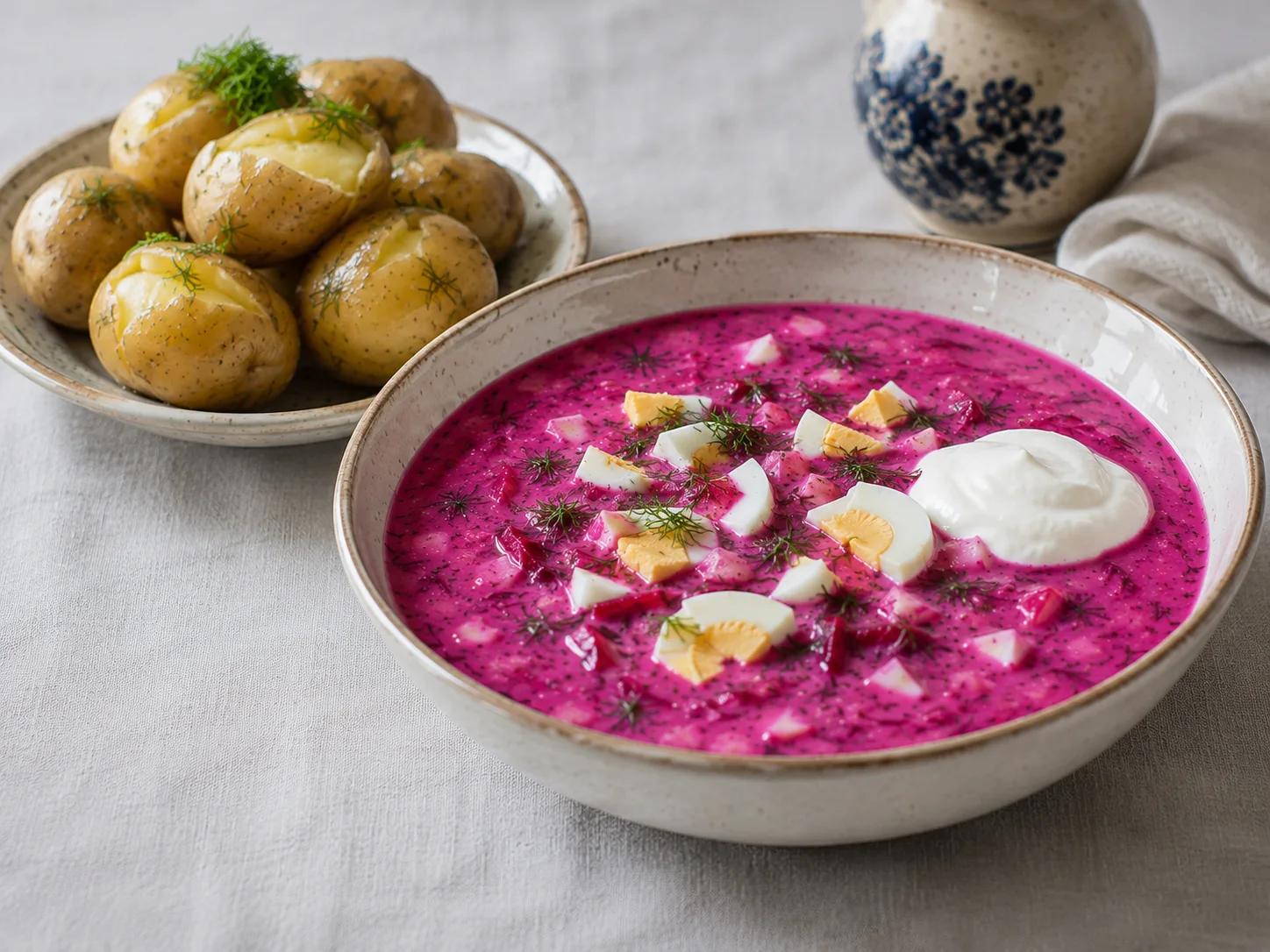 A three-quarter angle view of a full šaltibarščiai serving: a bowl of the vivid cold pink soup topped with reserved chopped hard-boiled egg slices and a sprinkle of fresh dill, placed beside a small side plate of whole small waxy potatoes boiled skin-on until tender and still steaming slightly, their thin unpeeled skins split just enough to show the soft flesh inside, with a small spoonful of plain low-fat Greek yogurt resting on the edge of the soup bowl as an optional garnish.