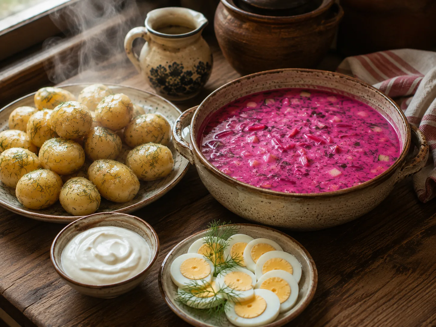 A shared family-style spread centered on a large pot or deep serving bowl of shockingly pink šaltibarščiai surrounded by a plate of small steaming hot boiled waxy potatoes, a small dish of sour cream, and a scattering of fresh dill and reserved hard-boiled egg slices nearby, arranged together as a complete table setting with no people present, the contrast between the icy-looking pink soup and the steam rising from the potatoes visible and central.