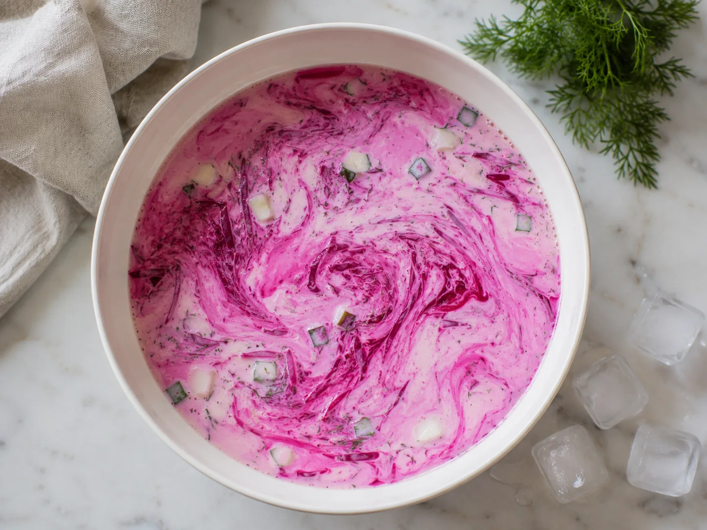 Overhead close-up of healthy šaltibarščiai just after mixing, in a wide white bowl on a light marble counter — vivid magenta grated beet still swirling and marbling into the pale pink low-fat kefir base, not yet fully blended, with small diced cucumber and flecks of dill visible throughout, a few ice cubes and a folded linen napkin resting on the marble beside the bowl, no people or hands anywhere in frame.