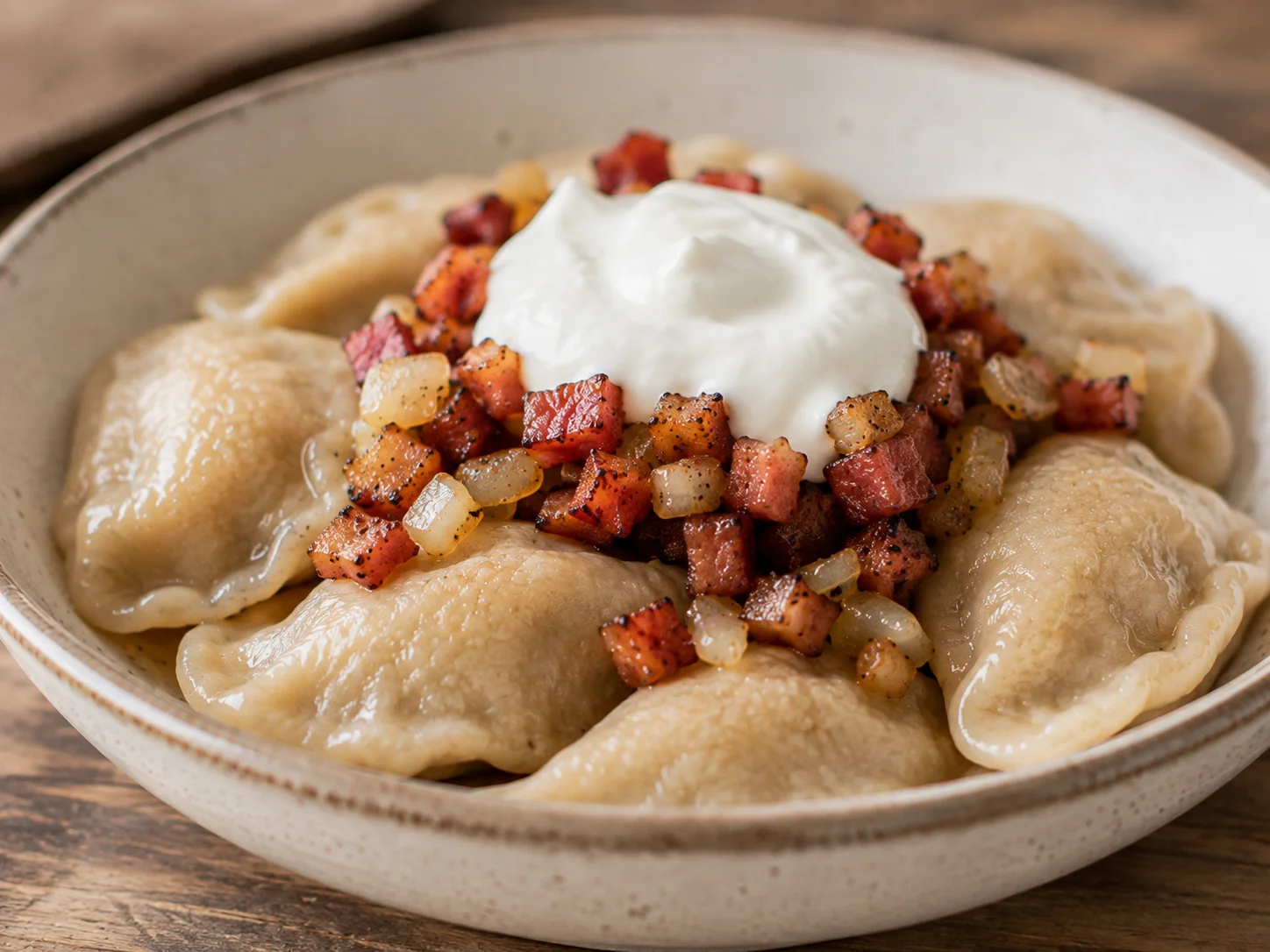 A single eye-level portion of boiled koldūnai dumplings in a bowl, the half-moon shaped dumplings made from a mixed whole wheat and all-purpose flour dough piled softly together, finished with a spoonful of crisped diced bacon and lightly golden chopped onion cooked in olive oil, and a generous dollop of plain nonfat Greek yogurt resting on top, shallow depth of field blurring the back of the bowl while the yogurt and smoky bacon topping stay crisp and detailed in the foreground.