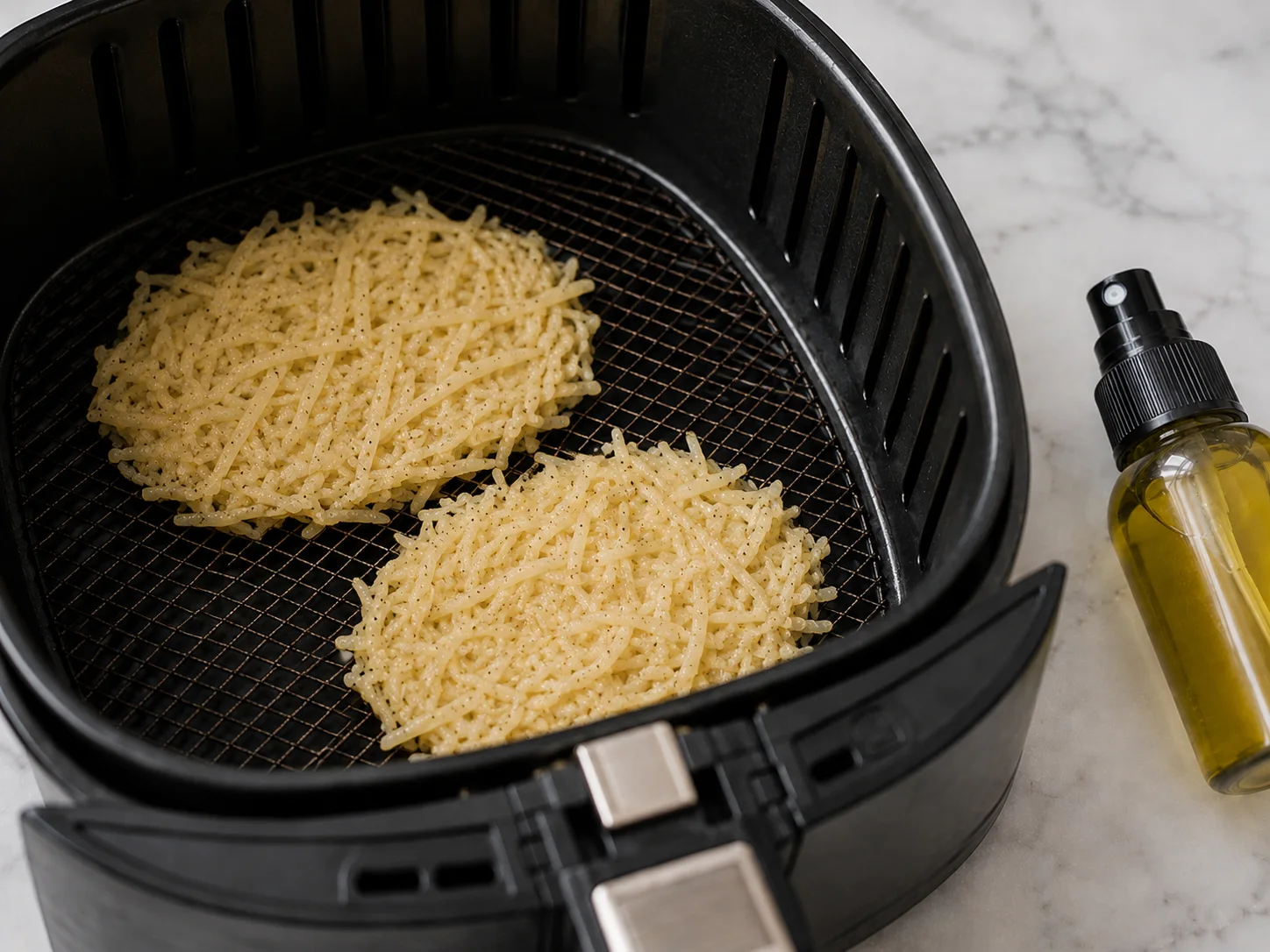 A close-up still life of the shaping step mid-process — two individual portions of wet grated potato and onion batter, pale and shredded in texture, pressed flat into rounds inside the mesh basket of an air fryer, the batter edges ragged and moist, the basket's grid pattern visible beneath, an olive oil spray can resting just beside the basket with its nozzle pointed inward, no hands present, the scene conveying the moment just after flattening before the lid closes.