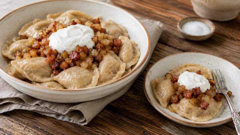 A large serving bowl of boiled half-moon koldūnai dumplings topped with a spoonful of crisped bacon and golden softened onion cooked in olive oil and a dollop of plain white Greek yogurt sits beside a small plate onto which a single portion has already been spooned, both vessels visible together in one wide frame, the dumplings pale and tender with slightly pinched curved edges, the yogurt bright white against the warm caramelized onion, a modest scatter of bacon visible across both.