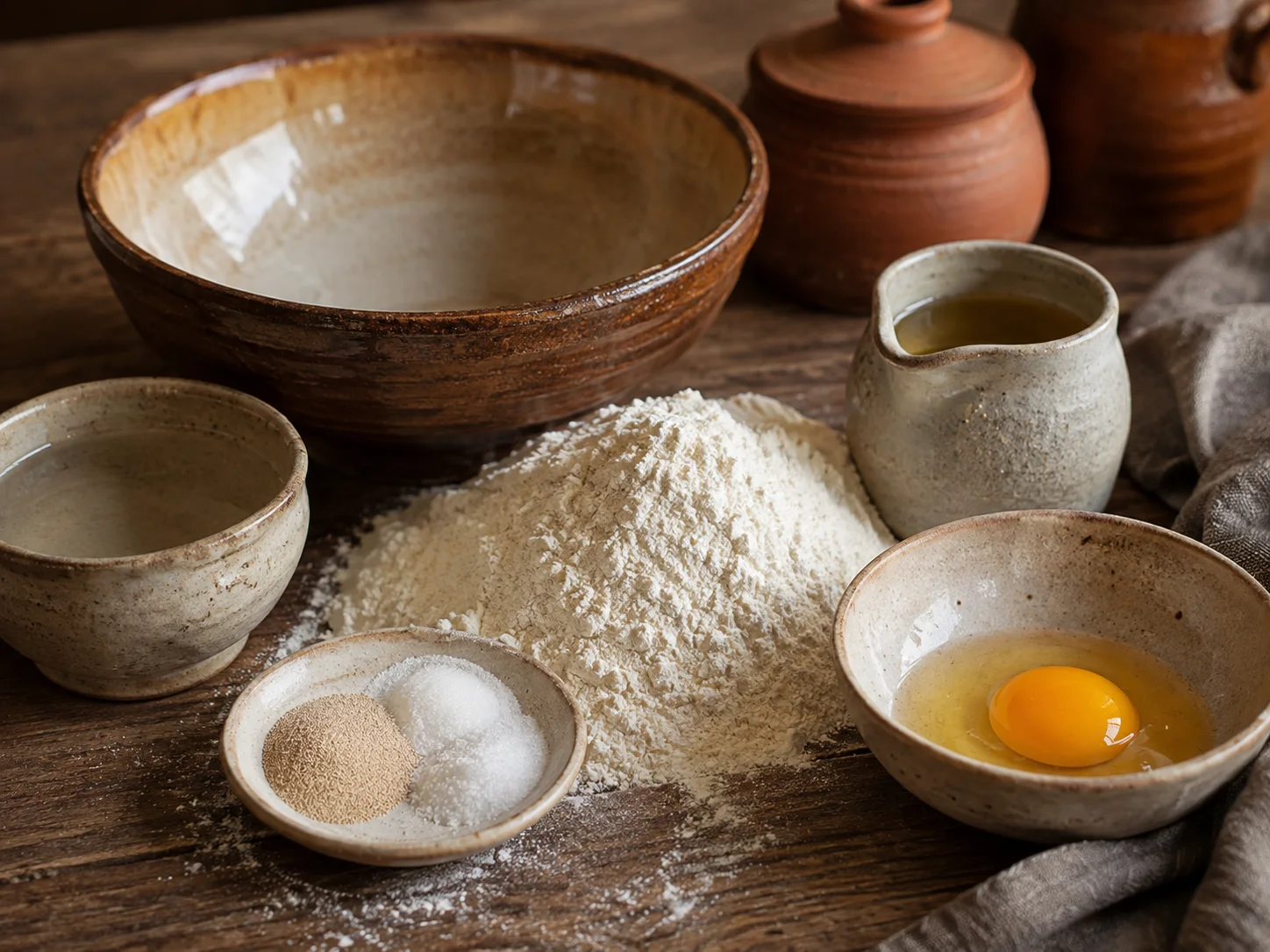 A loose, unhurried gathering of kibinai dough ingredients seen from a three-quarter angle: a mound of pale bread flour, a small dish of instant yeast beside a pinch of sugar and salt, a cracked egg resting in a shallow bowl, a measure of sunflower oil in a small vessel, and a cup of warm water, all arranged naturally close together with a large mixing bowl sitting open among them, the flour dusted lightly across the surface around the pile.