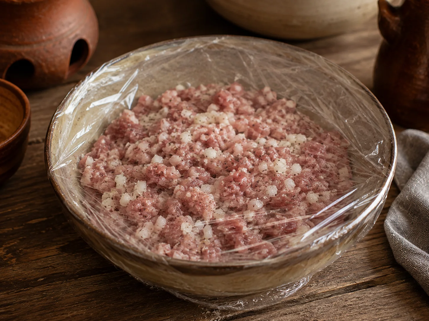 A bowl of finely hand-chopped raw lamb mixed with finely diced onion, salt, black pepper, and a small splash of cold water sits covered with a tight layer of plastic wrap in a close-up shot, the pale-pink and ivory mixture just visible through the wrap, the chopped rather than ground texture of the meat giving the filling a coarse, uneven surface that holds its shape in the bowl.
