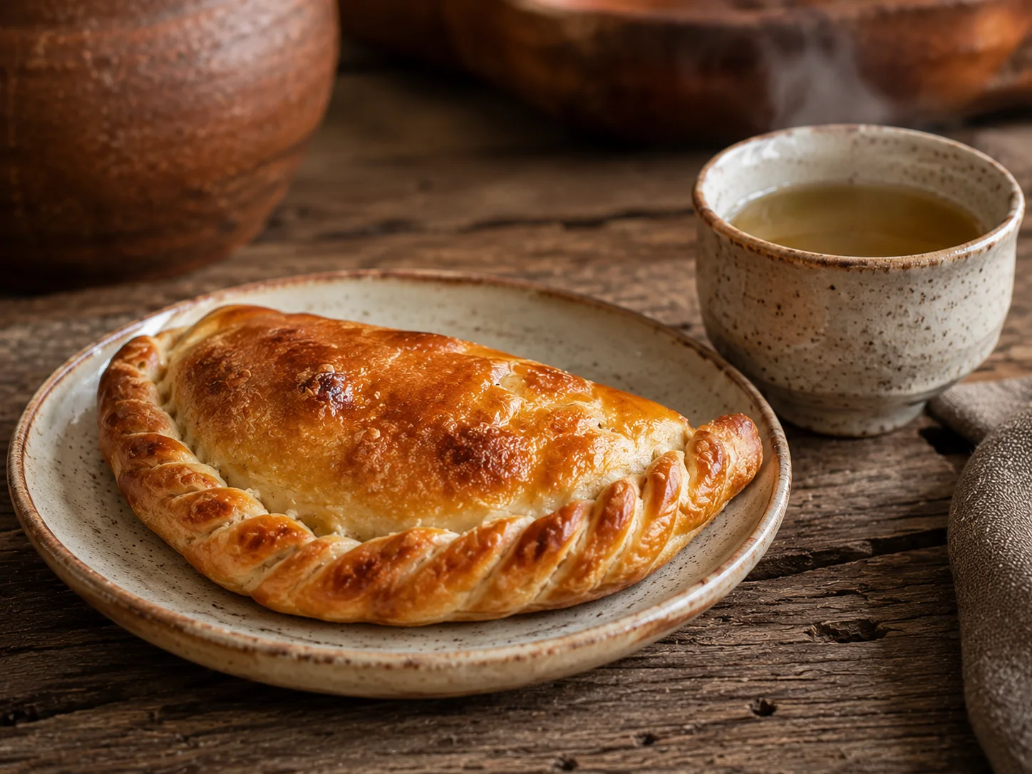 A single freshly baked crescent kibinai — a half-moon of plain leavened dough with a deeply golden egg-washed crust and a tightly crimped curved edge — sits plated at eye level beside a small cup of steaming hot broth, the shallow depth of field keeping the pie's burnished, slightly blistered surface in sharp focus while the broth cup softens gently behind it.