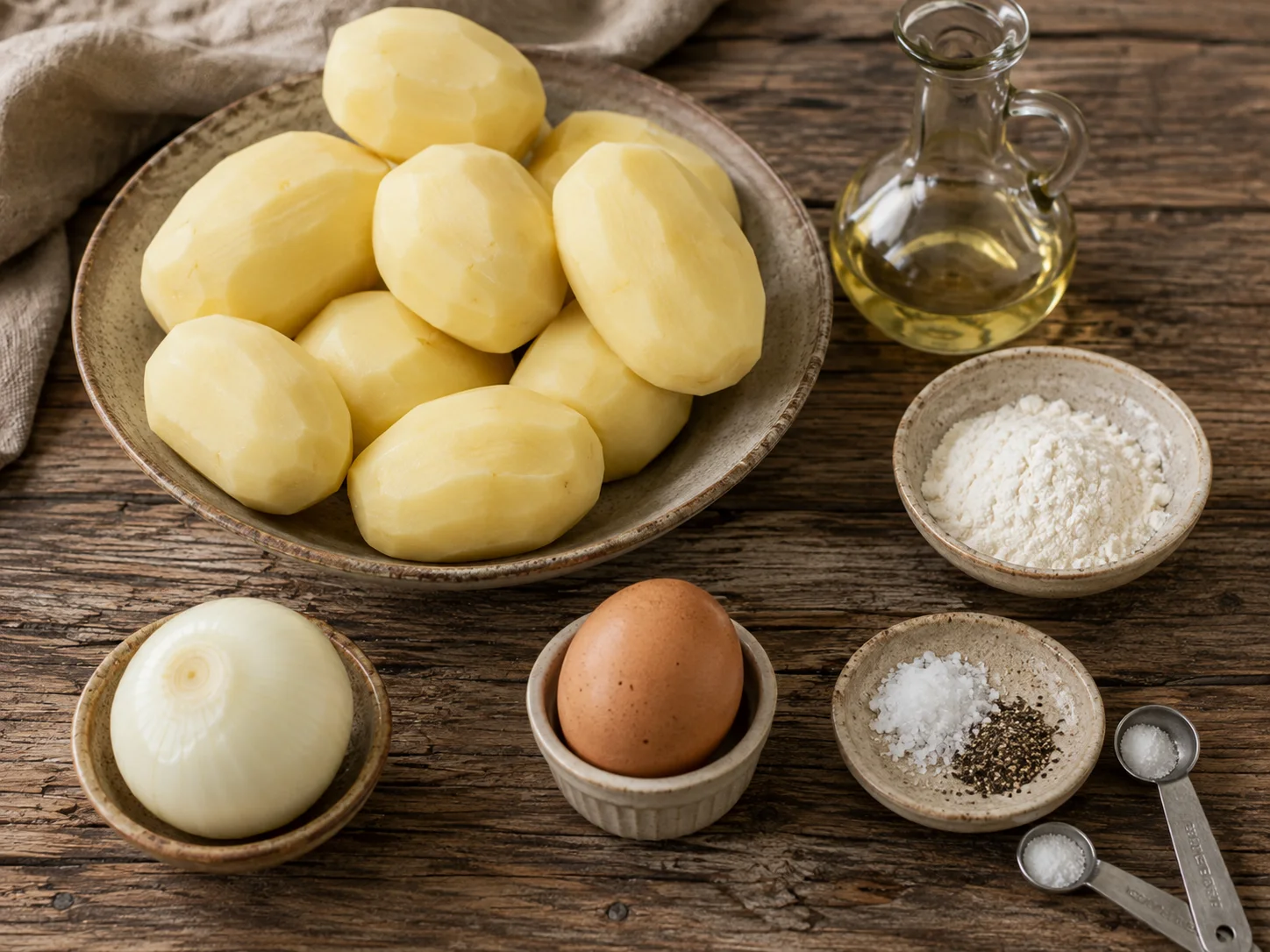 Overhead flat-lay of the raw ingredients for bulviniai blynai grouped in small dishes with measuring spoons: a kilogram of whole peeled russet potatoes massed together, a single peeled medium onion alongside, one large egg in a ramekin, a small dish holding two tablespoons of all-purpose flour, a teaspoon of coarse salt beside a quarter-teaspoon of cracked black pepper, and a small pour-bottle of pale sunflower oil, all arranged with natural spacing and realistic imperfections.