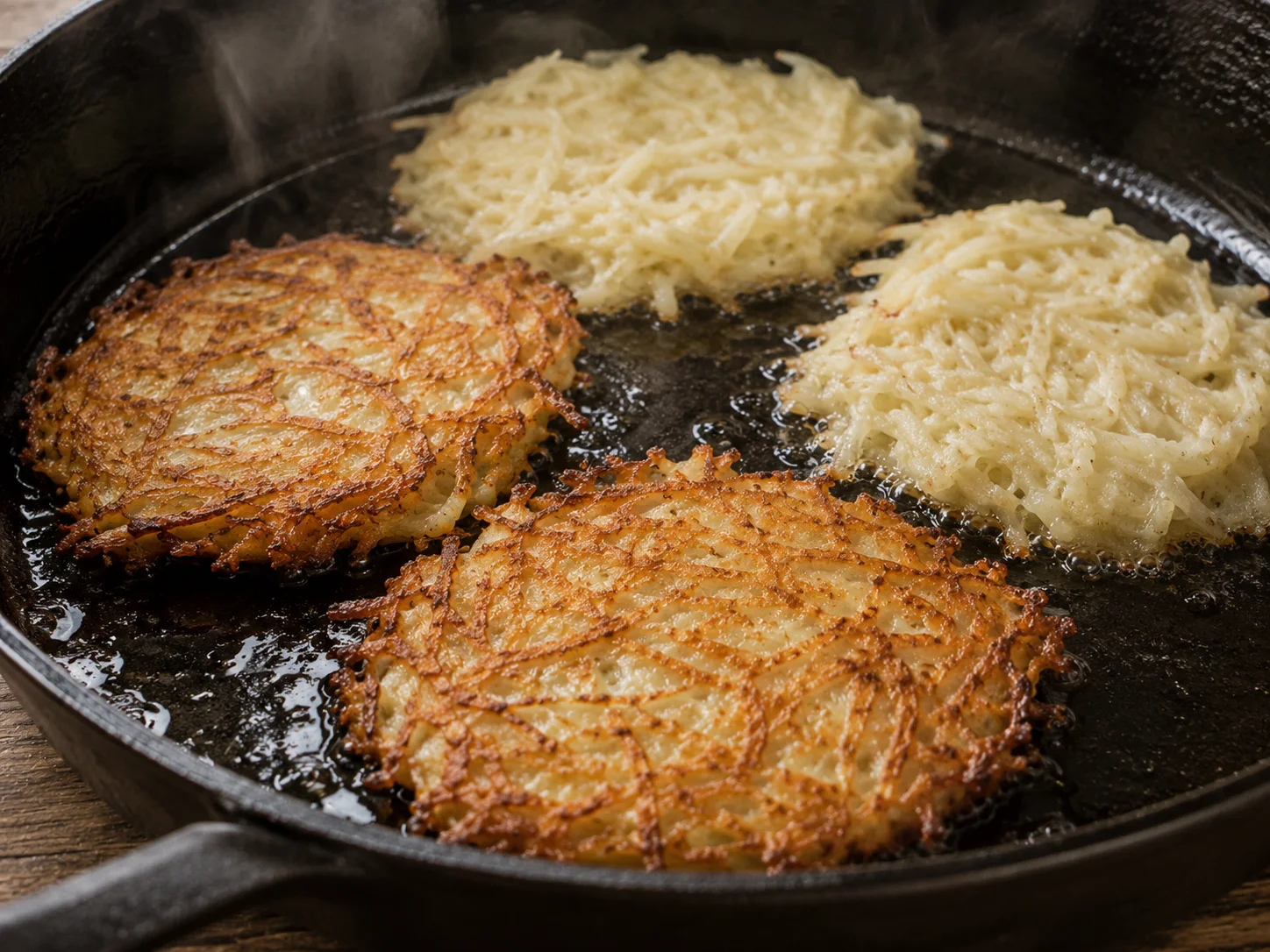 Close-up mid-cooking moment in a large cast-iron skillet with heaping spoonfuls of raw grated-potato batter flattened into rough rounds, the bases already turned deep golden-brown and the edges visibly crisping and darkening, gentle wisps of steam rising from the hot sunflower oil pooled around them, the surface of each pancake showing the fine-grated potato texture beginning to set.