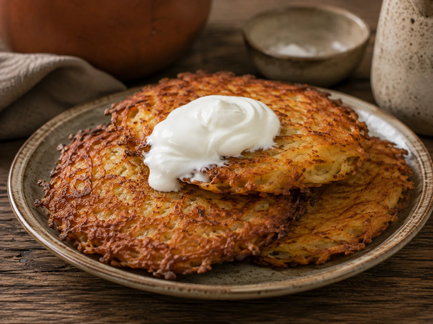 Eye-level shot of a single serving of three to four Lithuanian bulviniai blynai — flat, deep-golden, lacey-edged fried potato pancakes stacked slightly overlapping on a plate, a generous spoonful of white sour cream melting gently over the top pancake, shallow depth of field softening the background while keeping the crisp, oil-browned edges and coarse-grated potato surface in sharp focus.