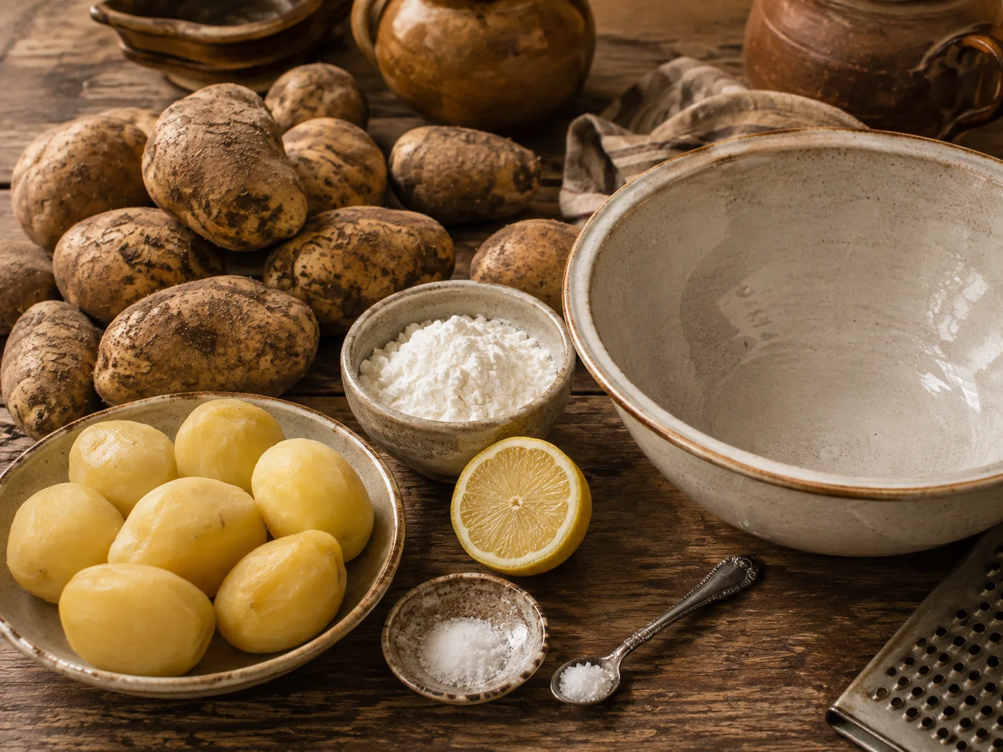 The ingredients for the cepelinai potato dough gathered in a loose, casual arrangement at a three-quarter angle: a large pile of raw russet potatoes alongside a smaller group of already-boiled and cooled potatoes, a small bowl of white potato starch, a cut lemon, a pinch of salt on a spoon, and a wide mixing bowl waiting to receive the grated mass, everything slightly overlapping and unposed.