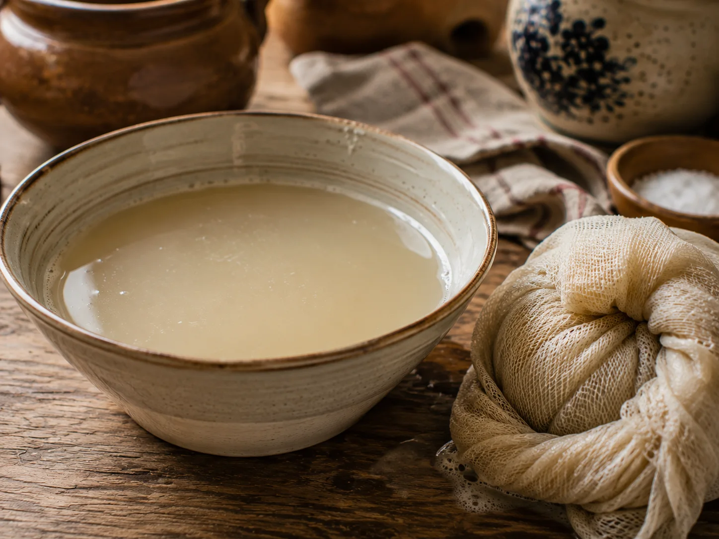 A close-up of a bowl sitting on the counter holding the cloudy, starchy liquid wrung out from the grated potato, with a damp twisted muslin cloth coiled beside it still wet from squeezing, and a thin pale layer of settled potato starch visibly sinking toward the bottom of the bowl through the watery liquid above it.