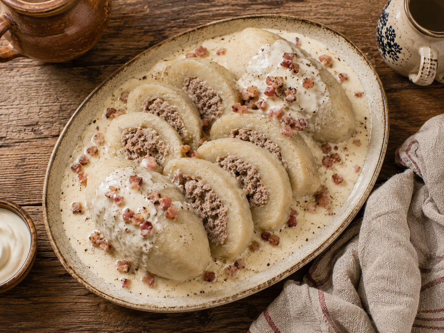 An overhead shot of a serving platter with several large oval cepelinai — boiled potato dumplings, dense and faintly translucent, not pasta or pastry — sliced open and fanned out to reveal a seasoned ground pork filling flecked with marjoram and softened onion inside, the cut faces glistening, with the bacon and sour cream sauce pooled across the platter.