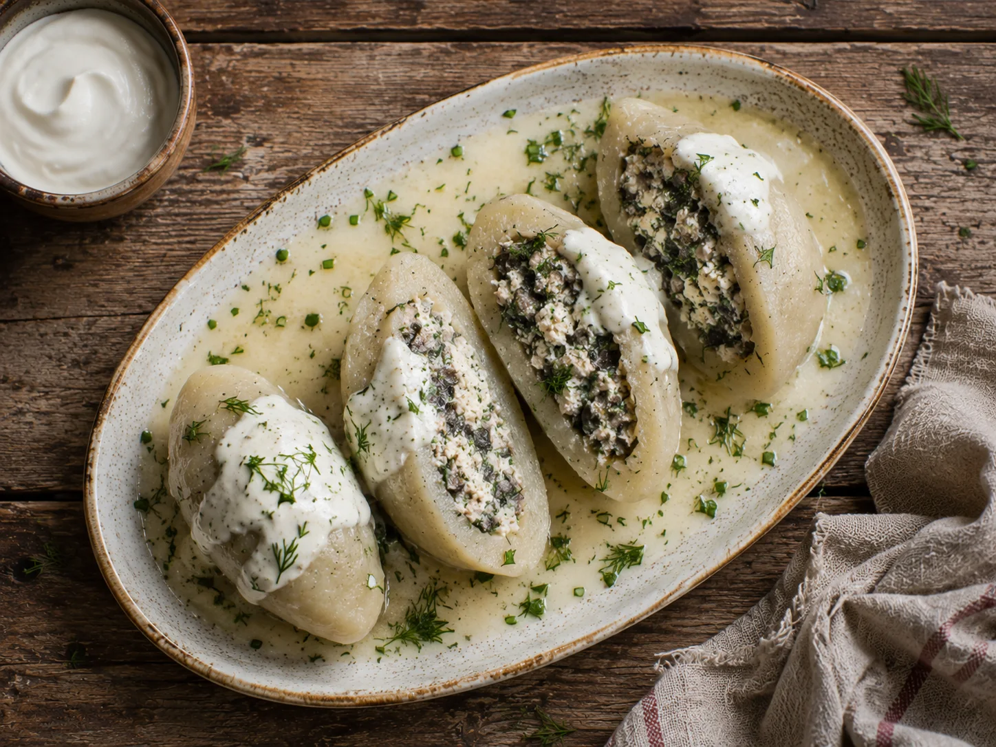 A close-up of four halved cepelinai dumplings arranged in a row on an oval ceramic platter, their pale potato dough split open to reveal a dark, finely chopped curd cheese and mushroom filling flecked with dill, each topped with a dollop of sour cream and scattered chives pooling in a light butter sauce, with a small bowl of extra sour cream, a sprig of dill, and a linen cloth at the edges of a rustic wooden table.