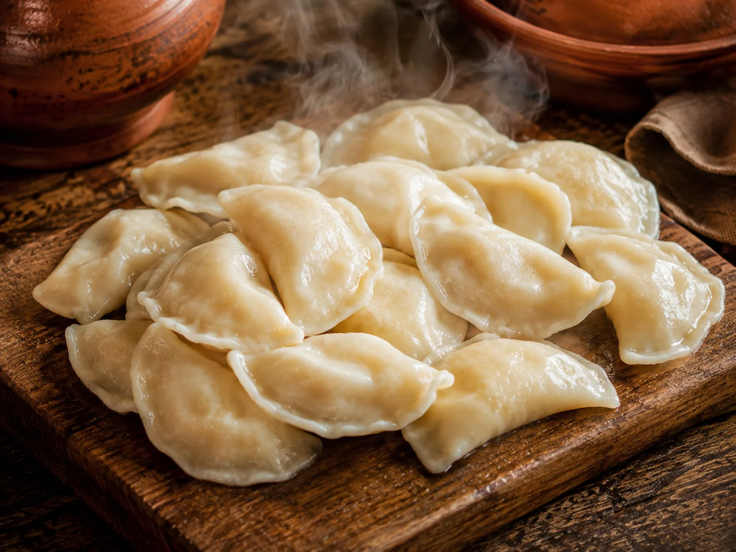 A close-up of freshly boiled koldūnai — small half-moon dumplings with pale, slightly puffed thin egg-dough skins — resting on a wooden board immediately after draining, with wisps of steam still rising from their glistening surfaces, the pinched curved seams clearly visible along each sealed edge.