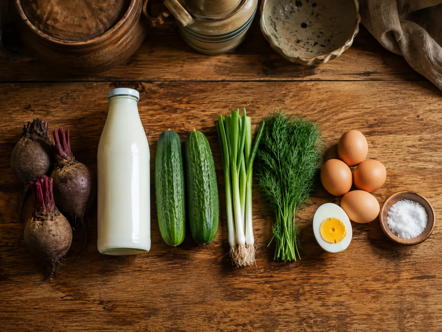 The recipe's ingredients laid out in a single left-to-right row in the order they are used: three medium unpeeled raw beets with earthy skin still on, a tall bottle of plain kefir, two whole cucumbers, a small bundle of scallions, a loose bunch of fresh dill, four hard-boiled eggs still in their shells beside one peeled and halved to show the set yolk, and a small dish of salt — all shot directly overhead in clean editorial styling with even spacing between each item.